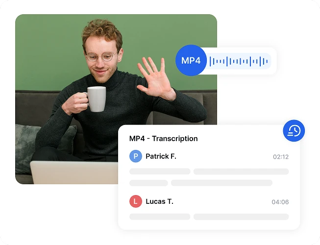 Чоловік п'є каву, використовуючи ноутбук з відображеною транскрипцією MP4.
