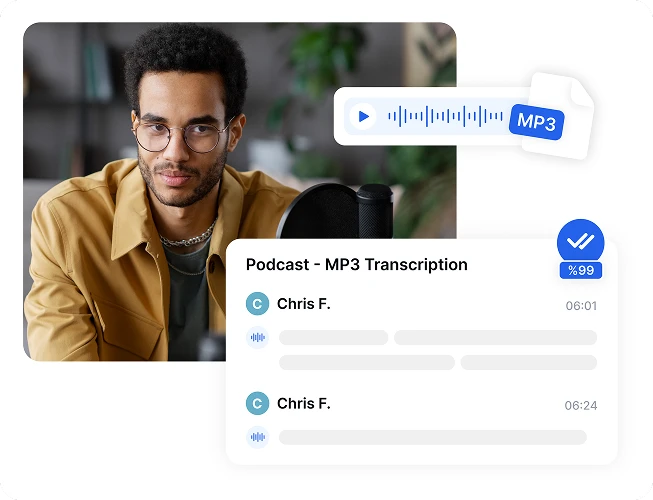 Pria merekam podcast dengan teks menunjukkan transkripsi MP3 menggunakan Transkriptor.