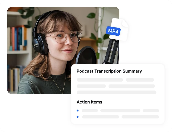 Жінка використовує Transkriptor для транскрипції подкасту з MP4 файлу.