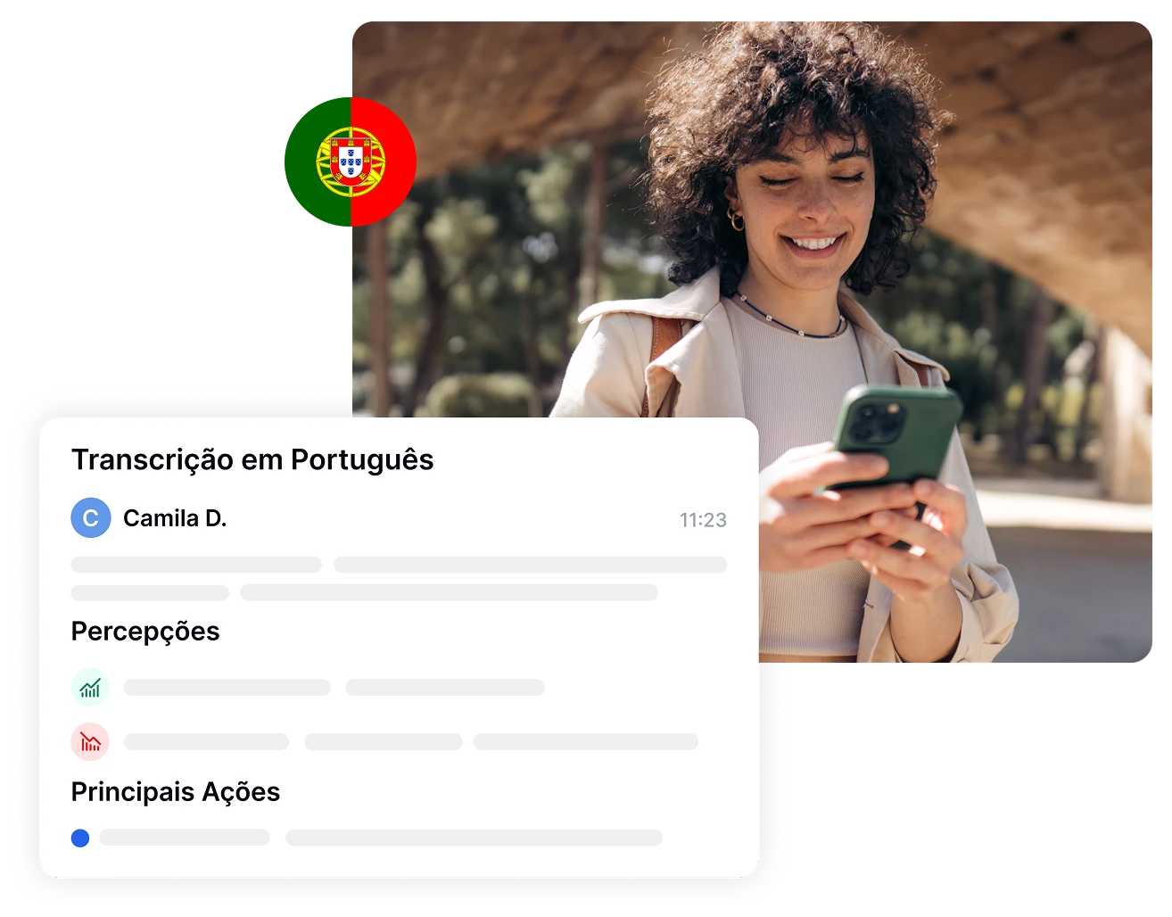 Mulher usando telefone com transcrição em português exibida, apresentando Transkriptor.