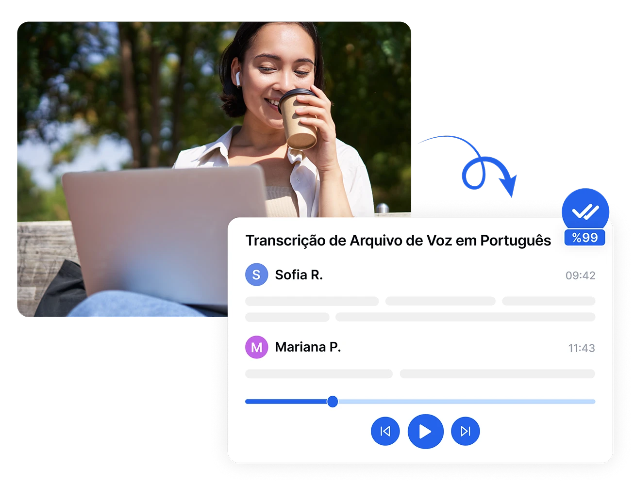 Mulher usando laptop e café enquanto vê a transcrição de voz em português no Transkriptor.