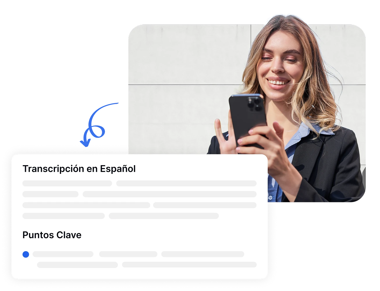 Woman using phone for Spanish transcription with Transkriptor.