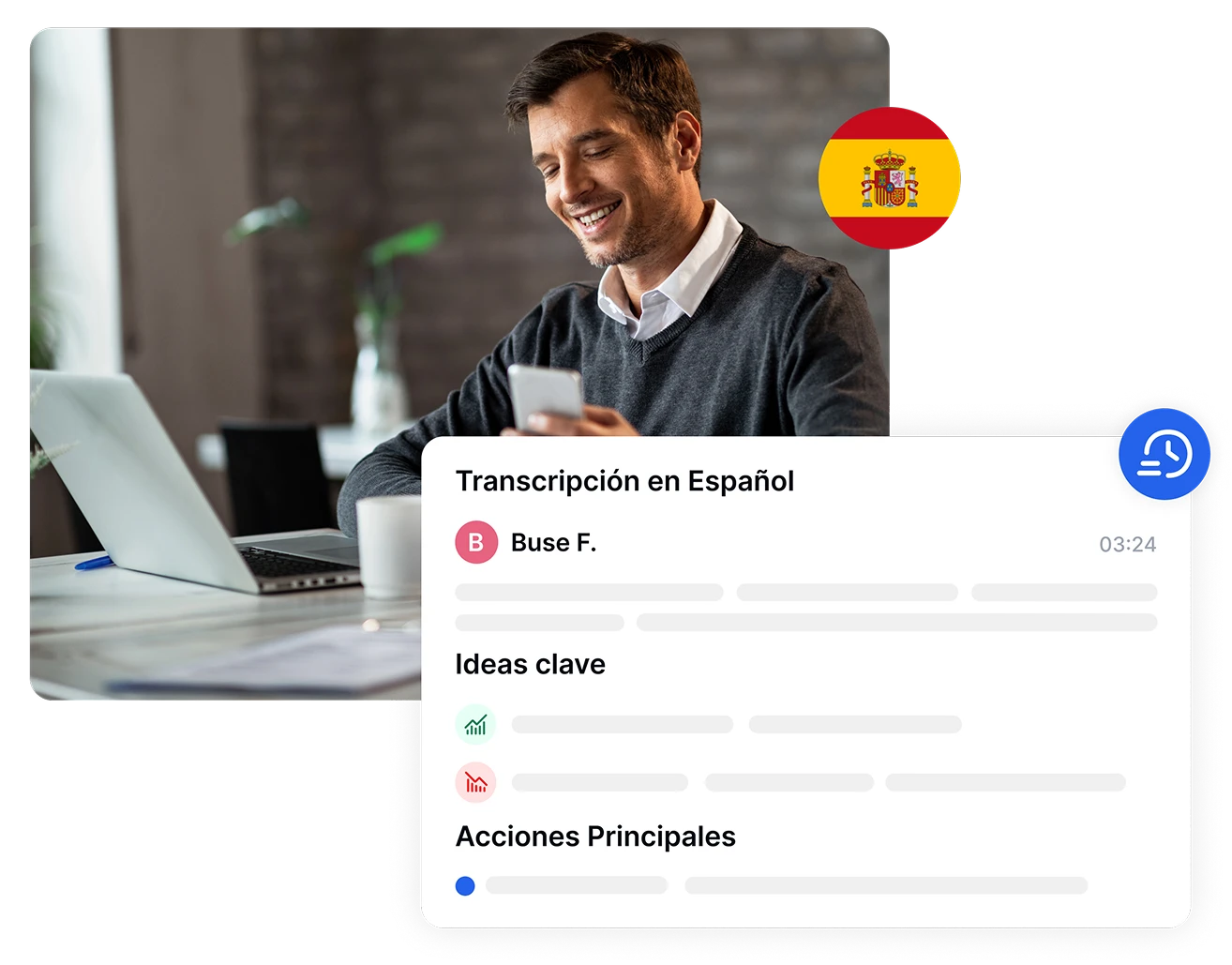 Man using Transkriptor for Spanish transcription on a smartphone.