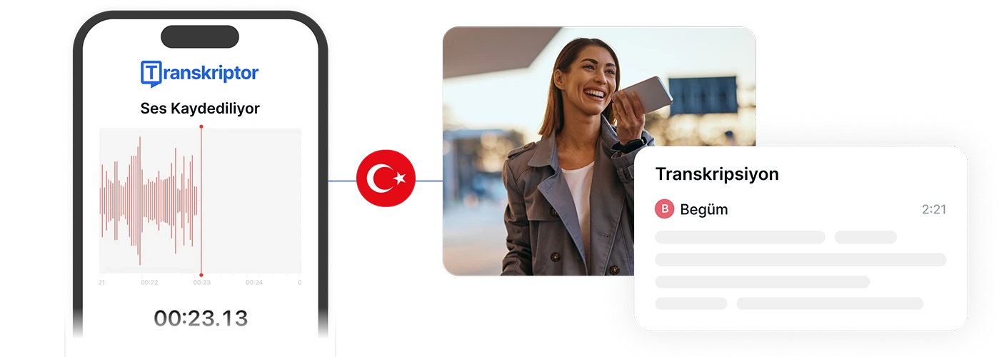Aplikasi Transkriptor merekam audio di smartphone dengan latar belakang wanita tersenyum.