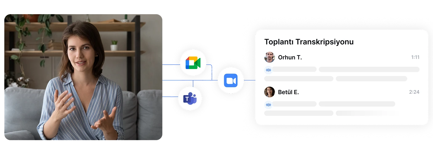 Orang menjelaskan transkripsi panggilan video menggunakan Transkriptor dengan logo Google Meet dan Zoom.
