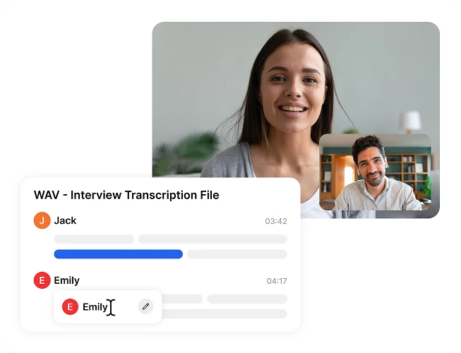 Interfejs Transkriptor pokazujący połączenie wideo i plik transkrypcji z nazwami Jack i Emily.