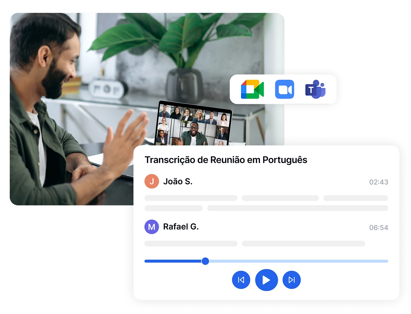 Pessoa usando videoconferência com recurso de transcrição em português mostrando Transkriptor.