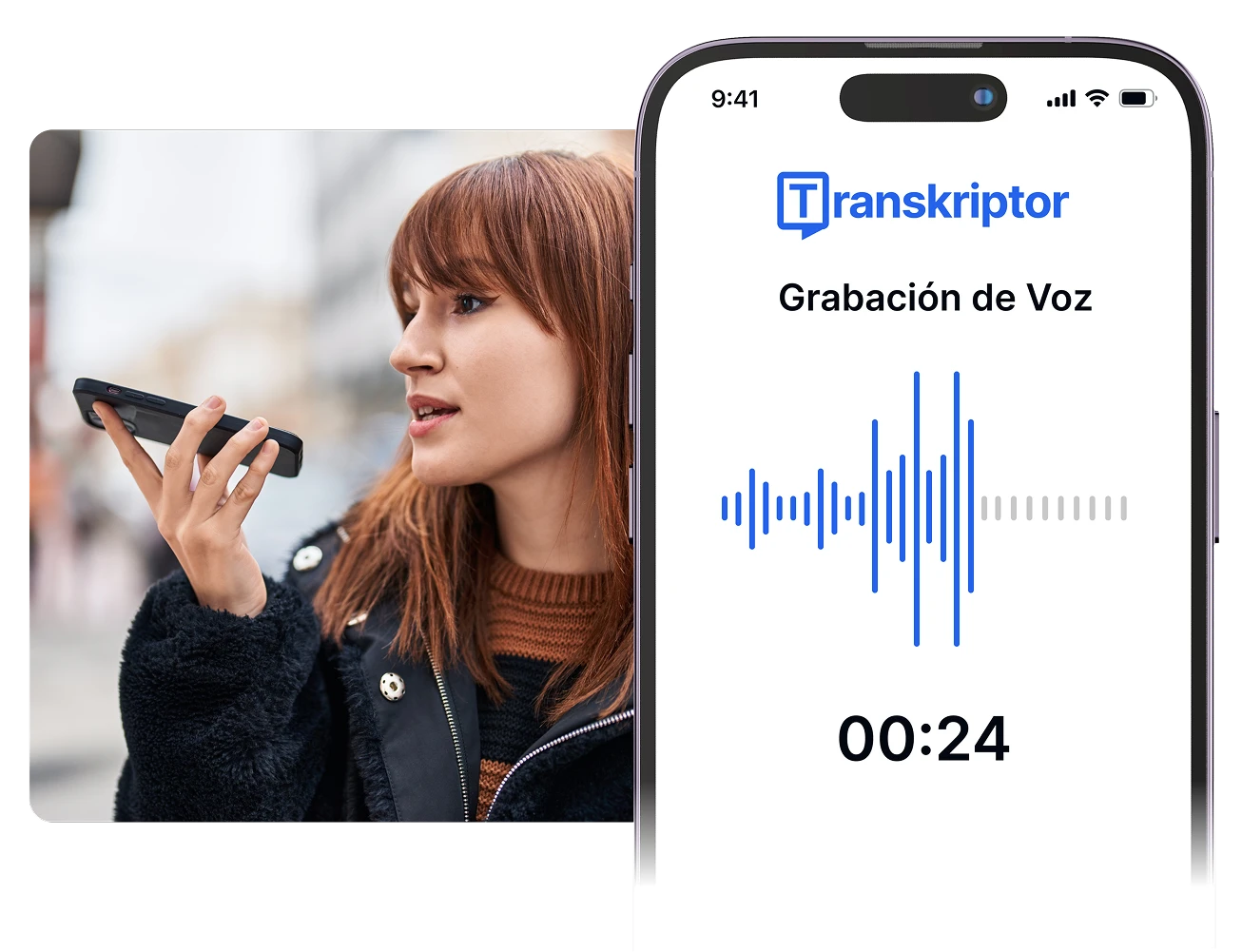 Woman using Transkriptor app for voice recording on her smartphone.
