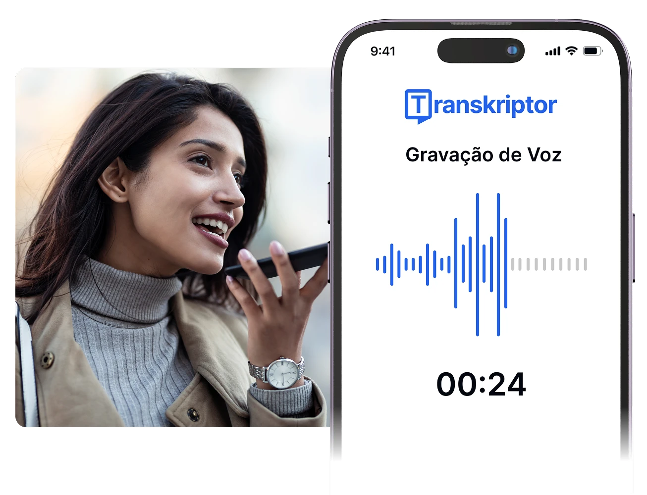 Mulher usando Transkriptor no smartphone para gravação de voz.