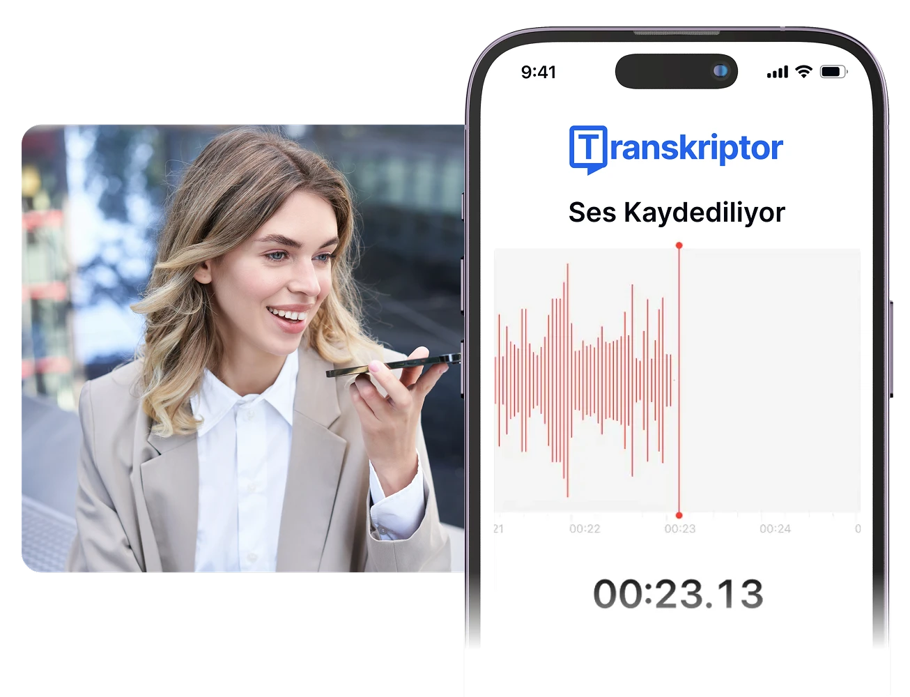 Wanita menggunakan aplikasi Transkriptor untuk transkripsi suara di smartphone.