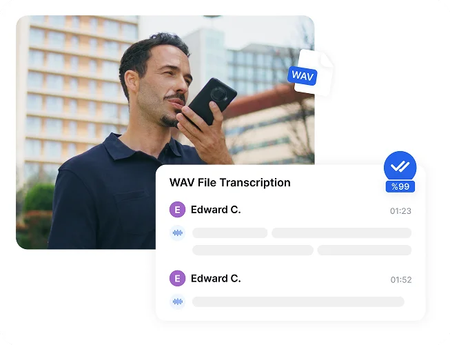 Mężczyzna używający smartfona do transkrypcji pliku Wav z Transkriptor.