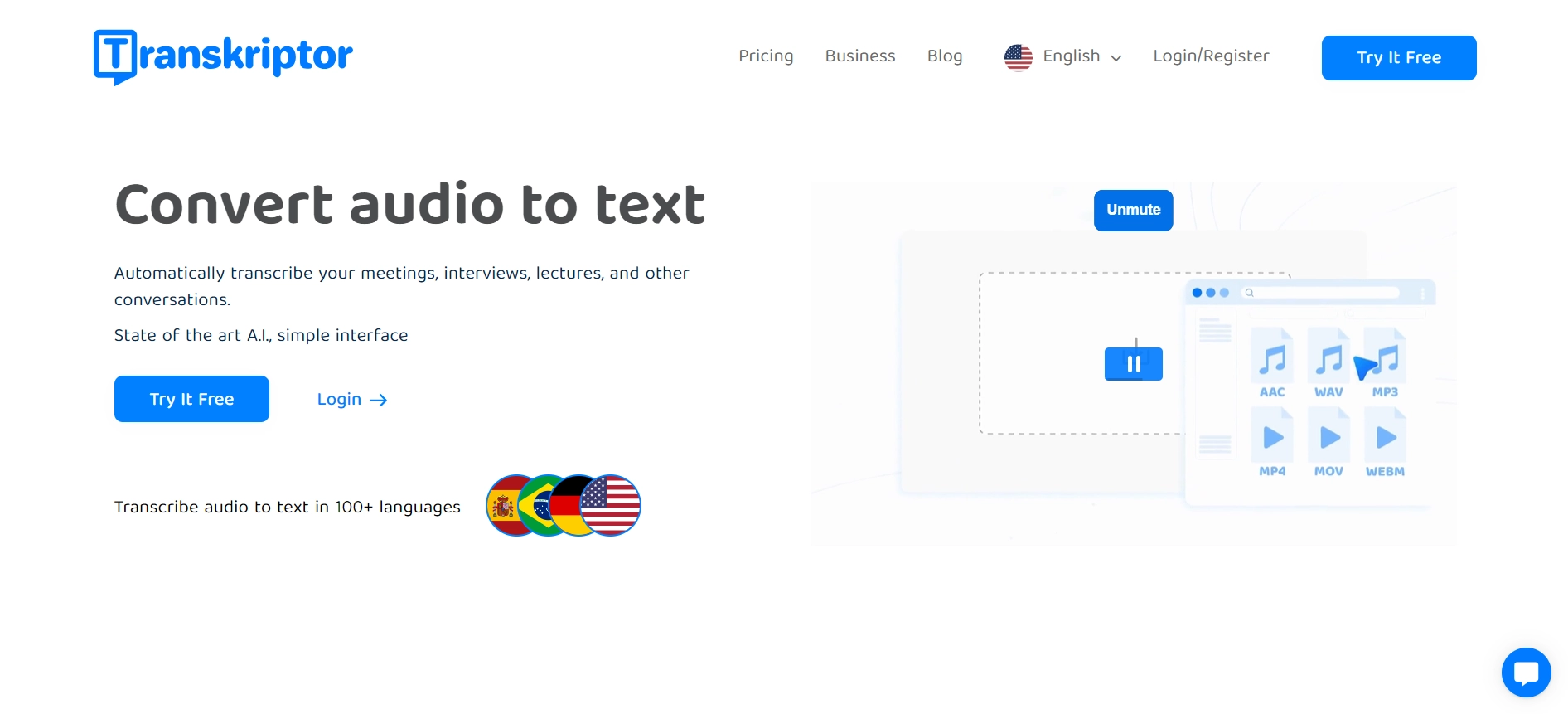 Transkriptor homepage showing audio-to-text tools with file upload, progress tracking, and recent files.