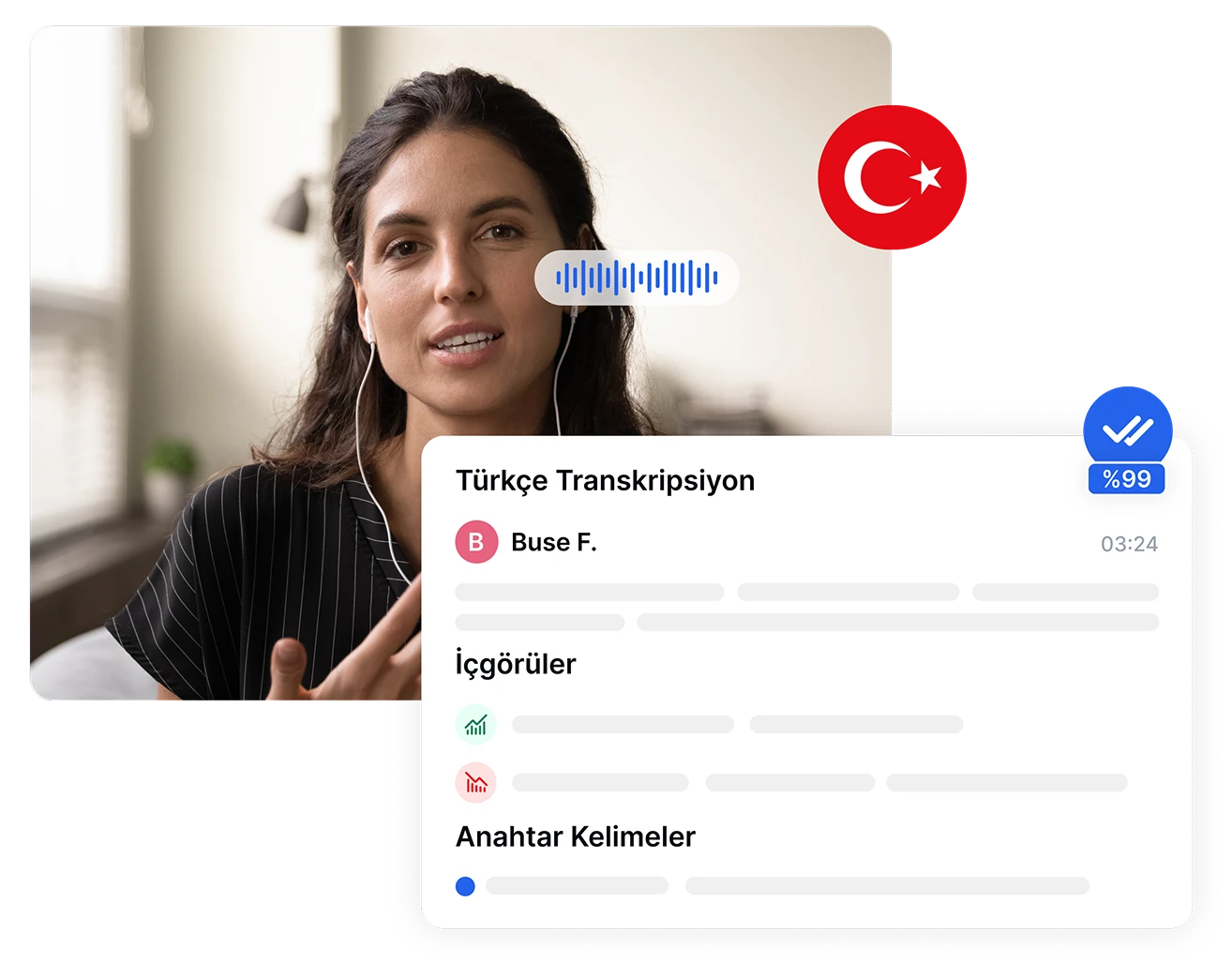 Antarmuka transkripsi bahasa Turki dengan gelombang audio dan ikon bendera.