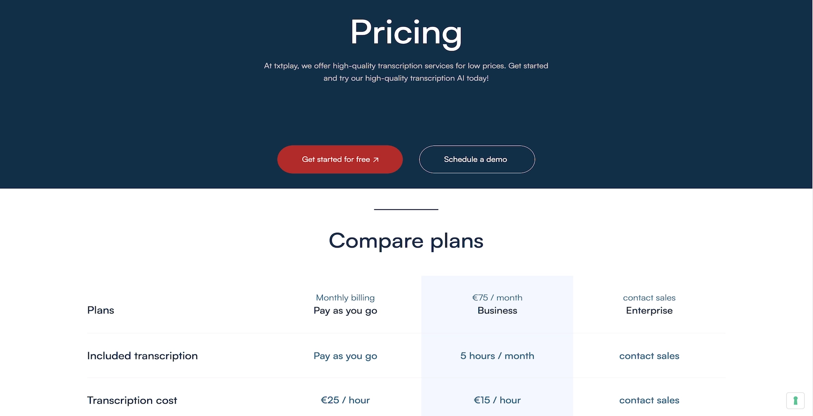 A screenshot of the Txtplay pricing page showing its different pricing models for individuals, businesses, and enterprises.