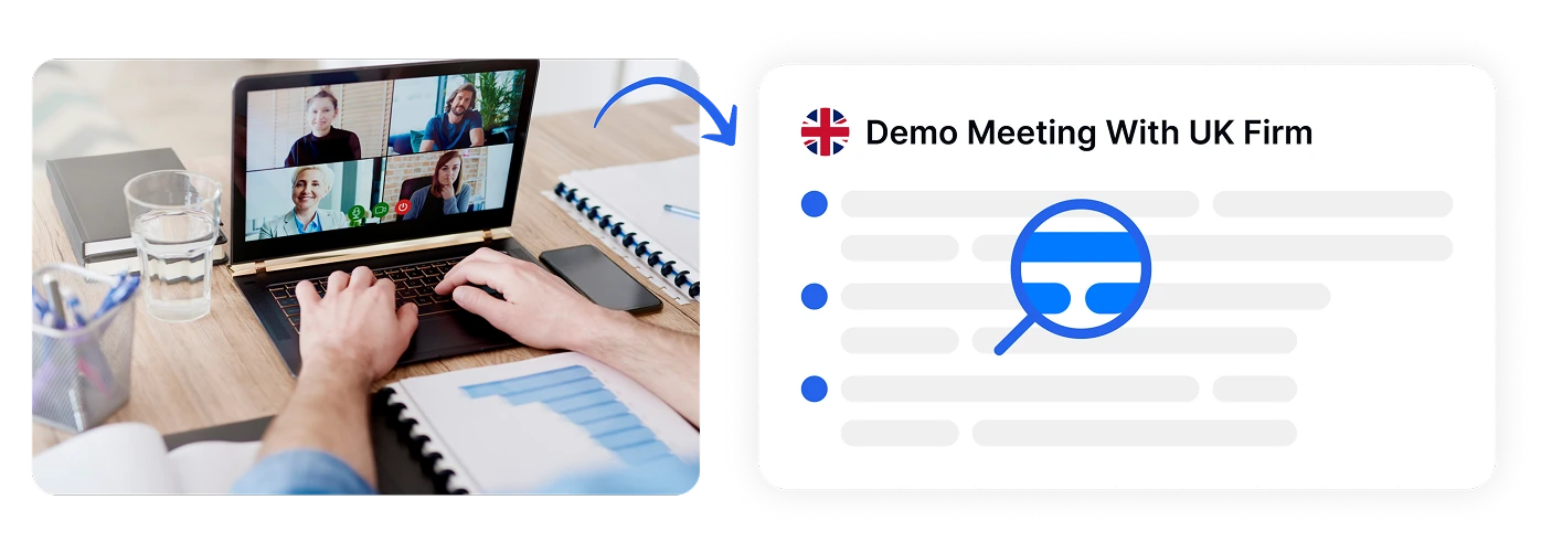 Virtual meeting on laptop with demo meeting notes for UK firm.