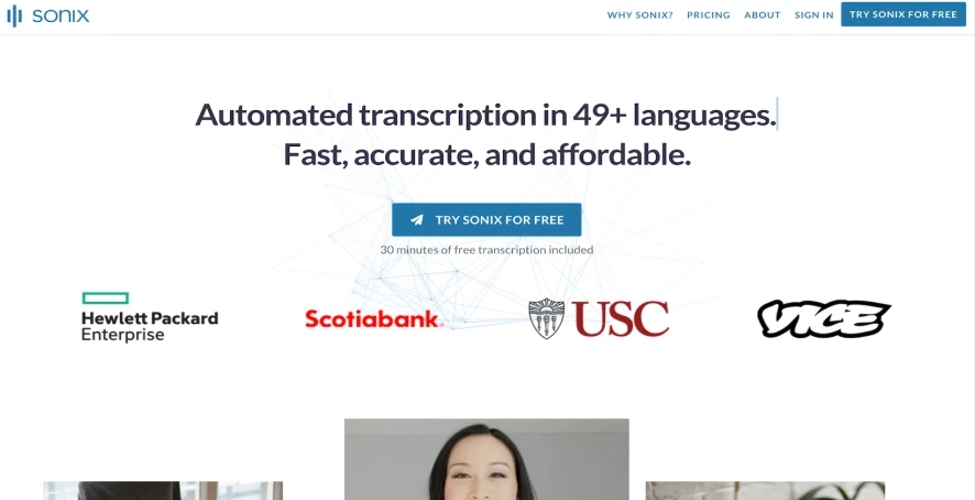 A screenshot of Sonix's homepage shows that the audio-to-text tool can transcribe media files into 49+ languages.