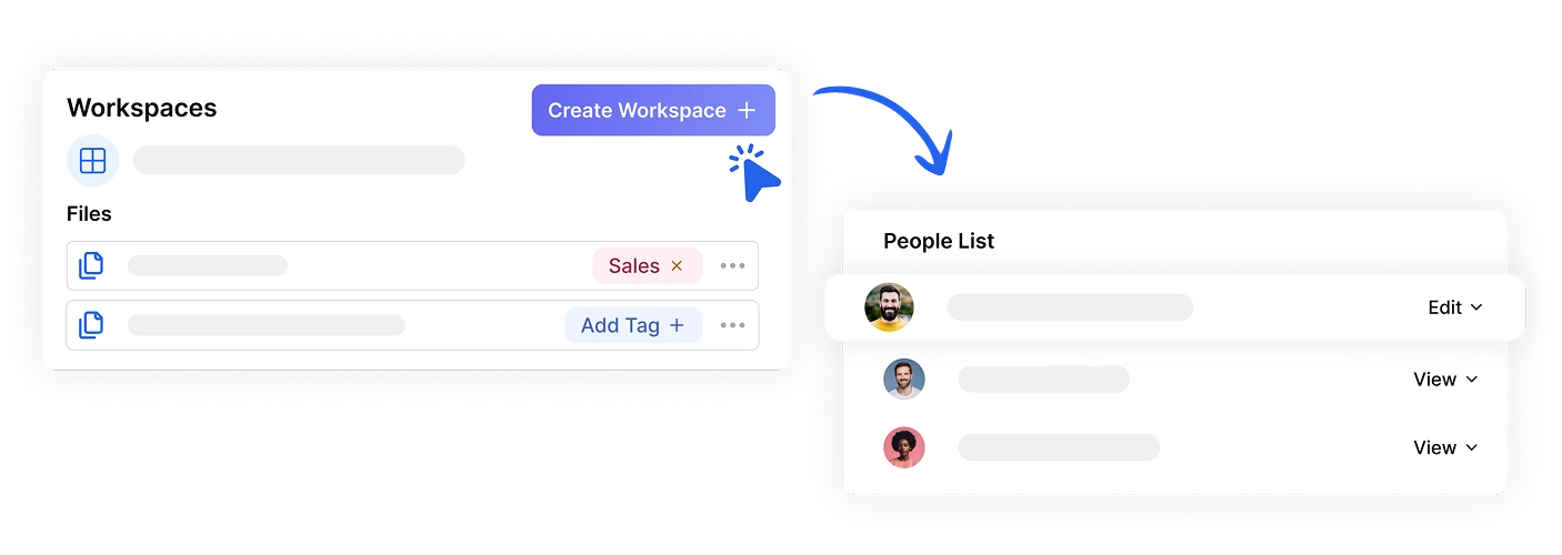 Workspace interface with file and people management options.