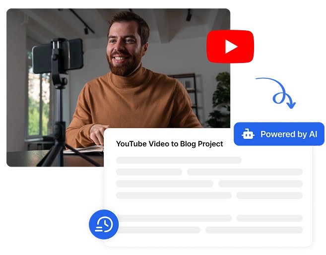 Orang yang mempunyai antara muka kamera dan YouTube yang menunjukkan penukaran video berkuasa AI kepada blog.