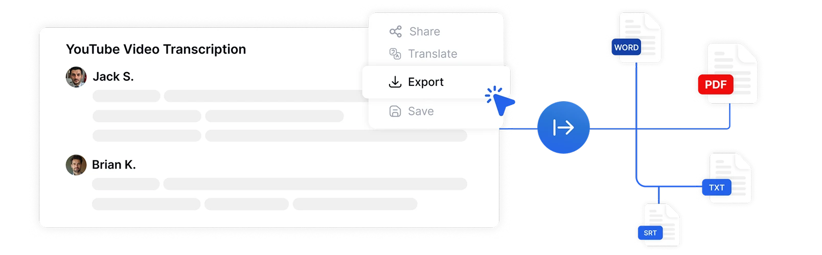 YouTube-átiratok egy kattintásos fordítása több nyelvre közvetlenül a Transkriptor irányítópultjáról, további fordítási eszközök nélkül.