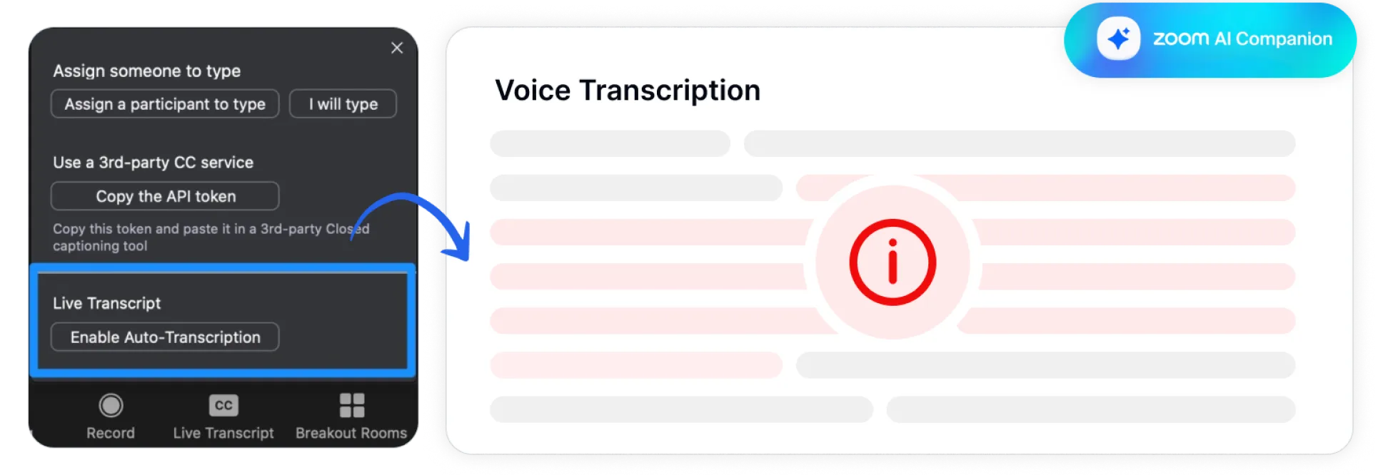 Zoom's assistant feature for converting audio from meetings into text.