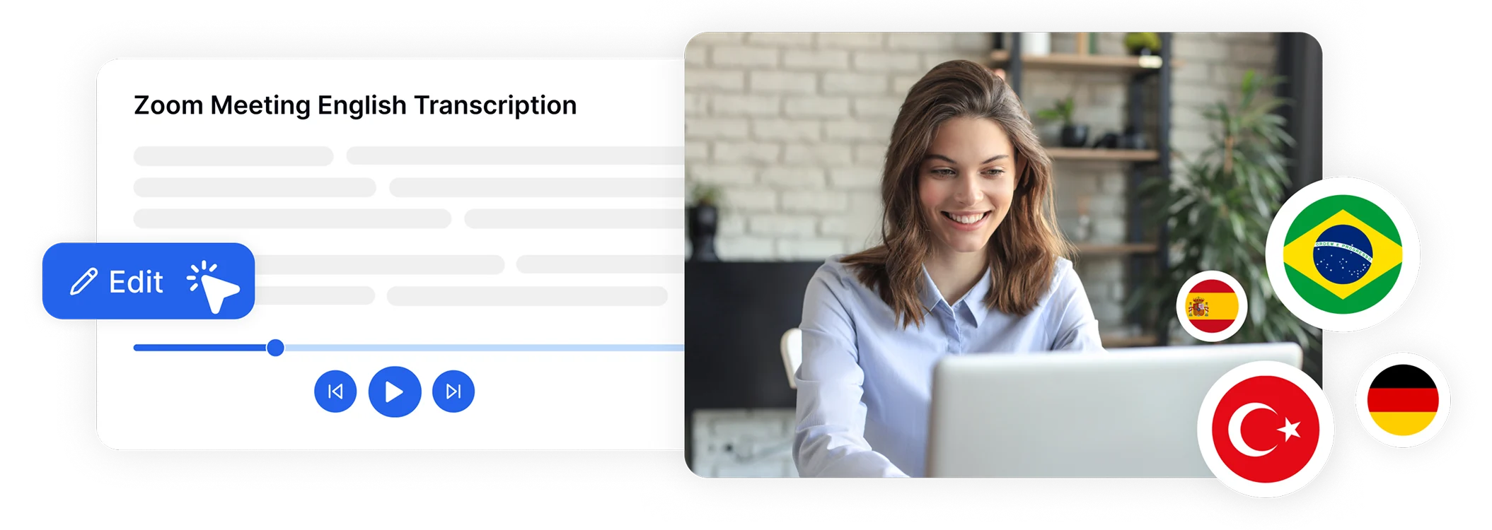 使用Transkriptor进行Zoom会议转录的女性，界面有语言选项。