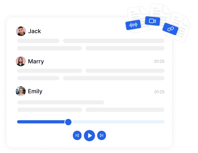 Image illustrant la prise en charge de la transcription de tous les formats audio et vidéo en texte avec une grande précision.