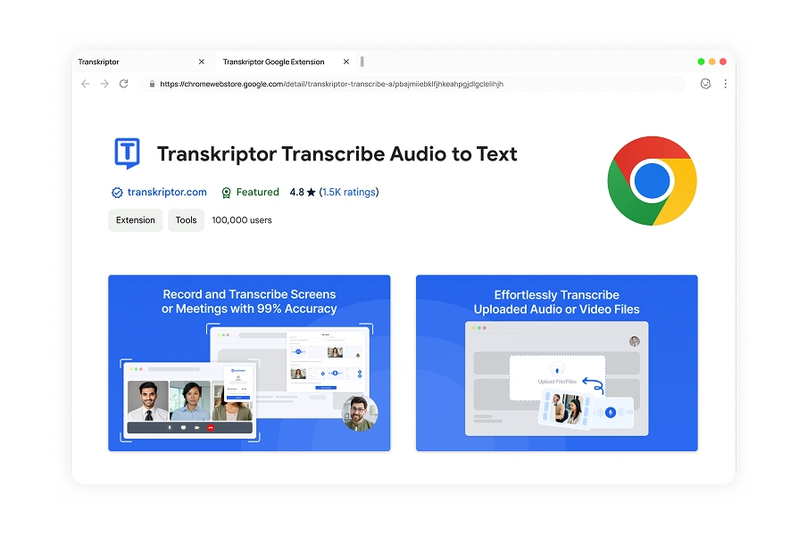 Attēls, kurā attēlots Transkriptor Chrome paplašinājums, ko izmanto, lai pārrakstītu audio tekstu tieši pārlūkprogrammā.