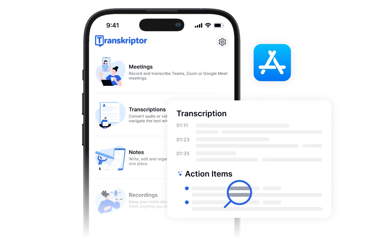 Transkriptor iOS app with AI transcription tools for meetings, notes, and voice recordings, including smart action item extraction.