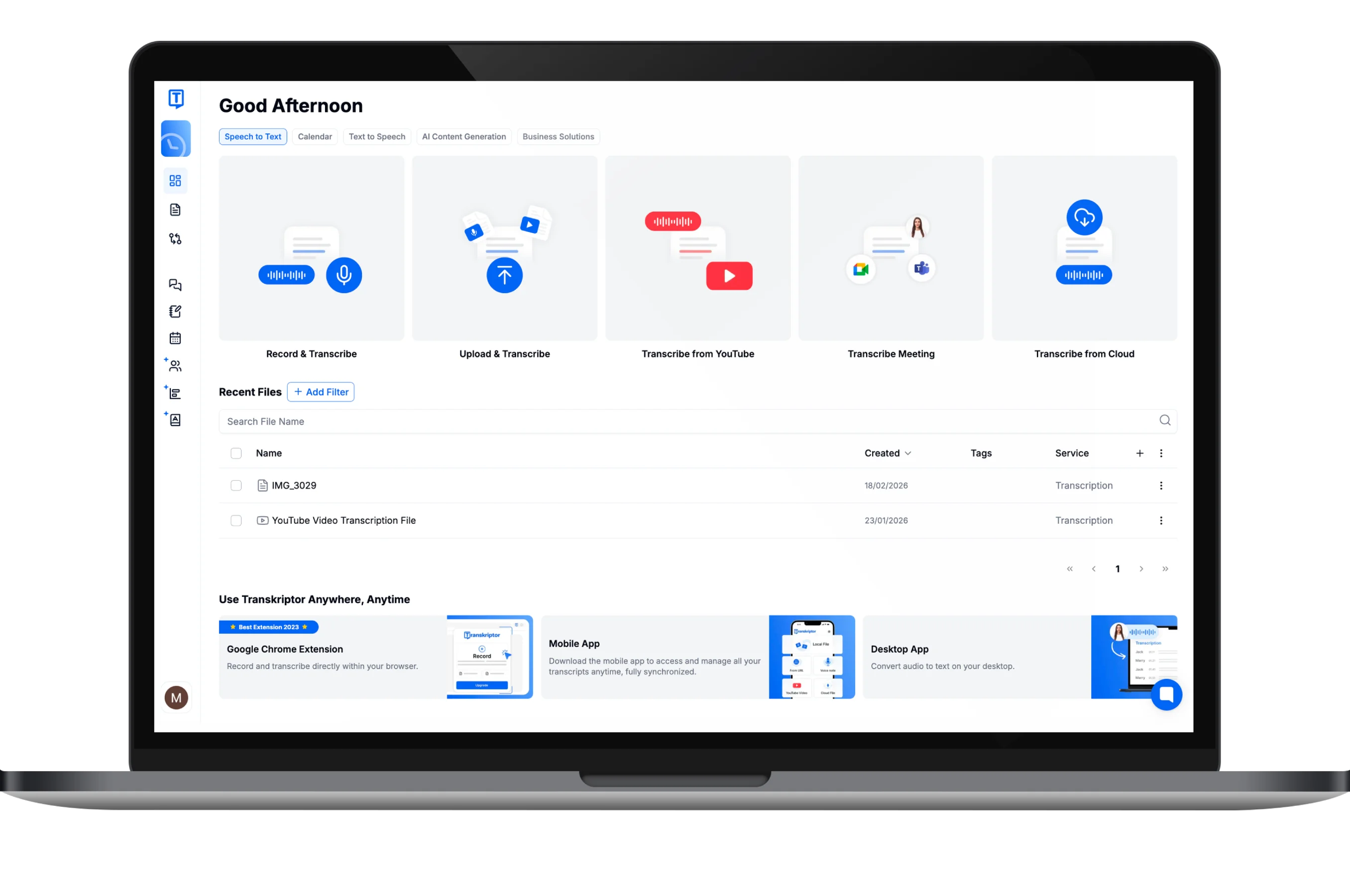 Transkriptor web dashboard to transcribe audio and video directly in any browser using AI.