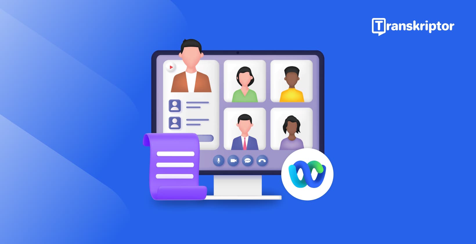 여러 참가자와 대화 텍스트를 보여주는 통합 녹취 패널이 있는 Webex 회의 인터페이스.