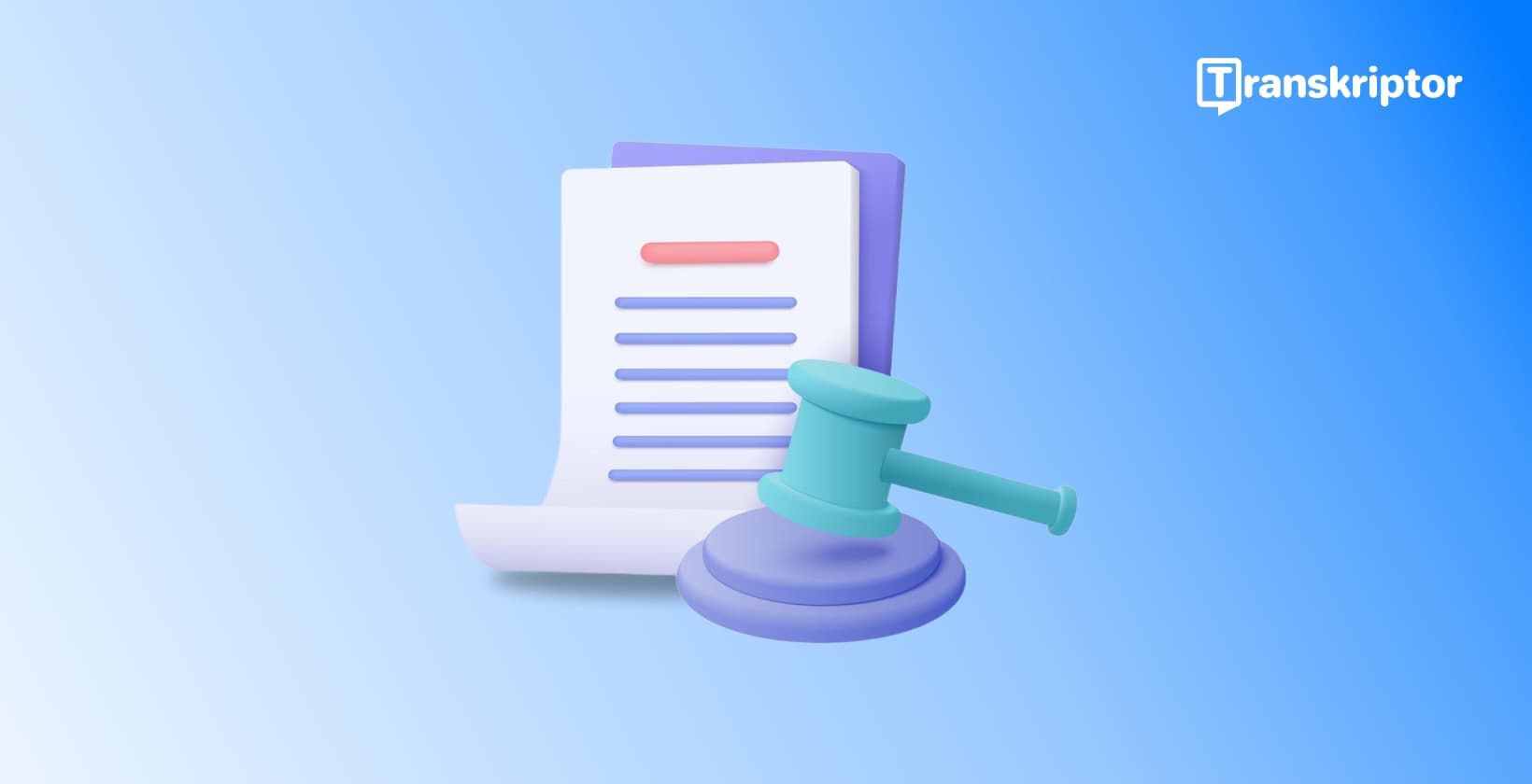 3D-illustratie van een turquoise hamer en wit document op een blauwe achtergrond