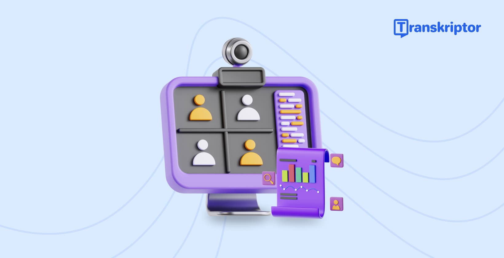 Videoconferentiescherm met deelnemersgegevens en analyticsdashboard met interactiemetrieken en resultaten.