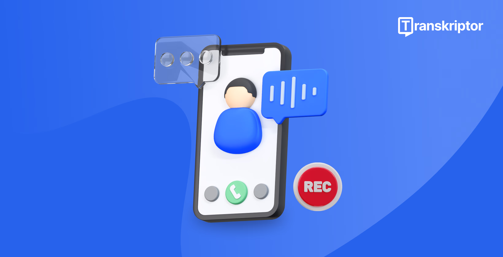 Ilustracja 3D smartfona wyświetlającego profil użytkownika z ikonami mowy i nagrywania, z logo Transkriptor.