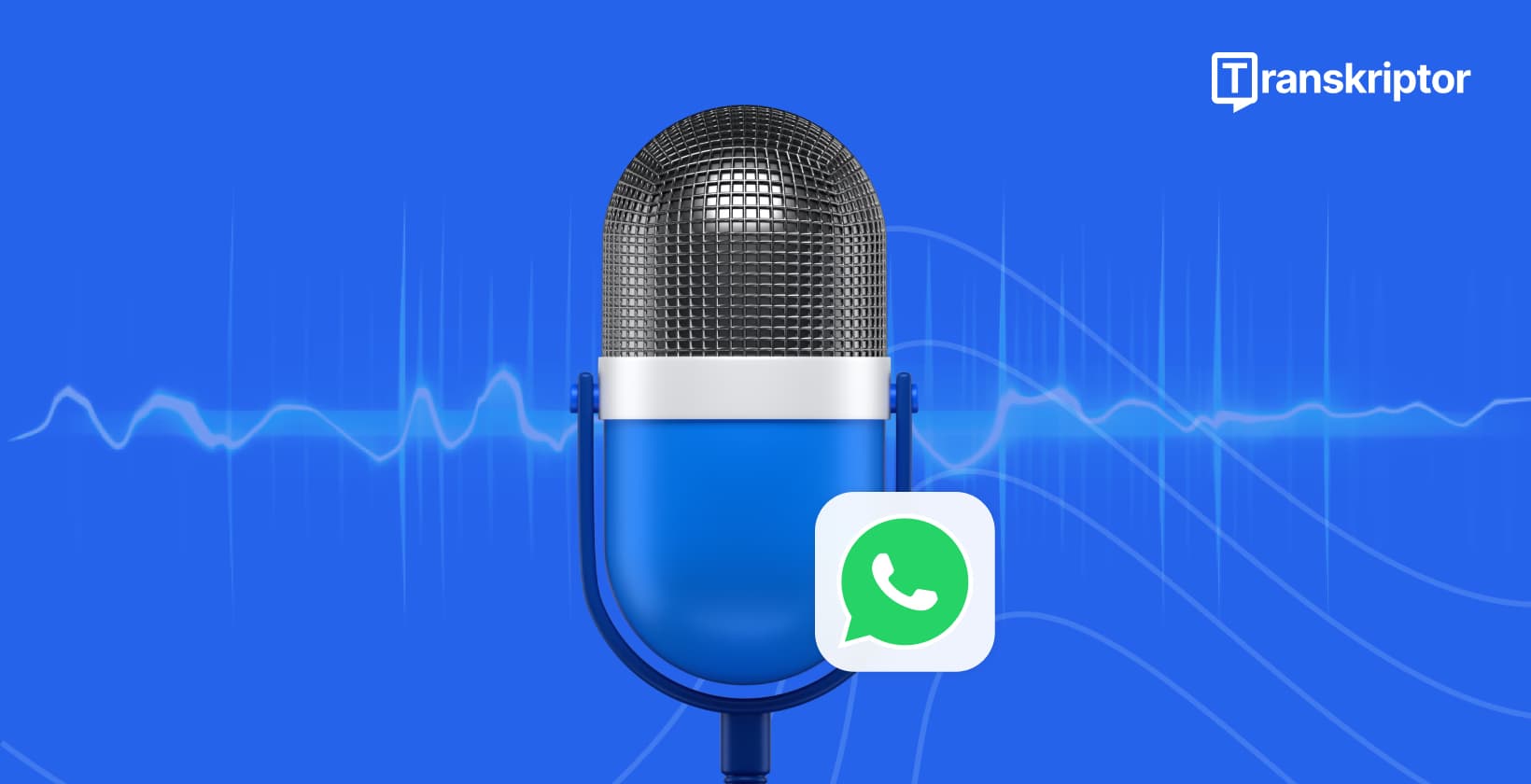 Microfone profissional com logo do WhatsApp e ondas sonoras azuis em fundo gradiente