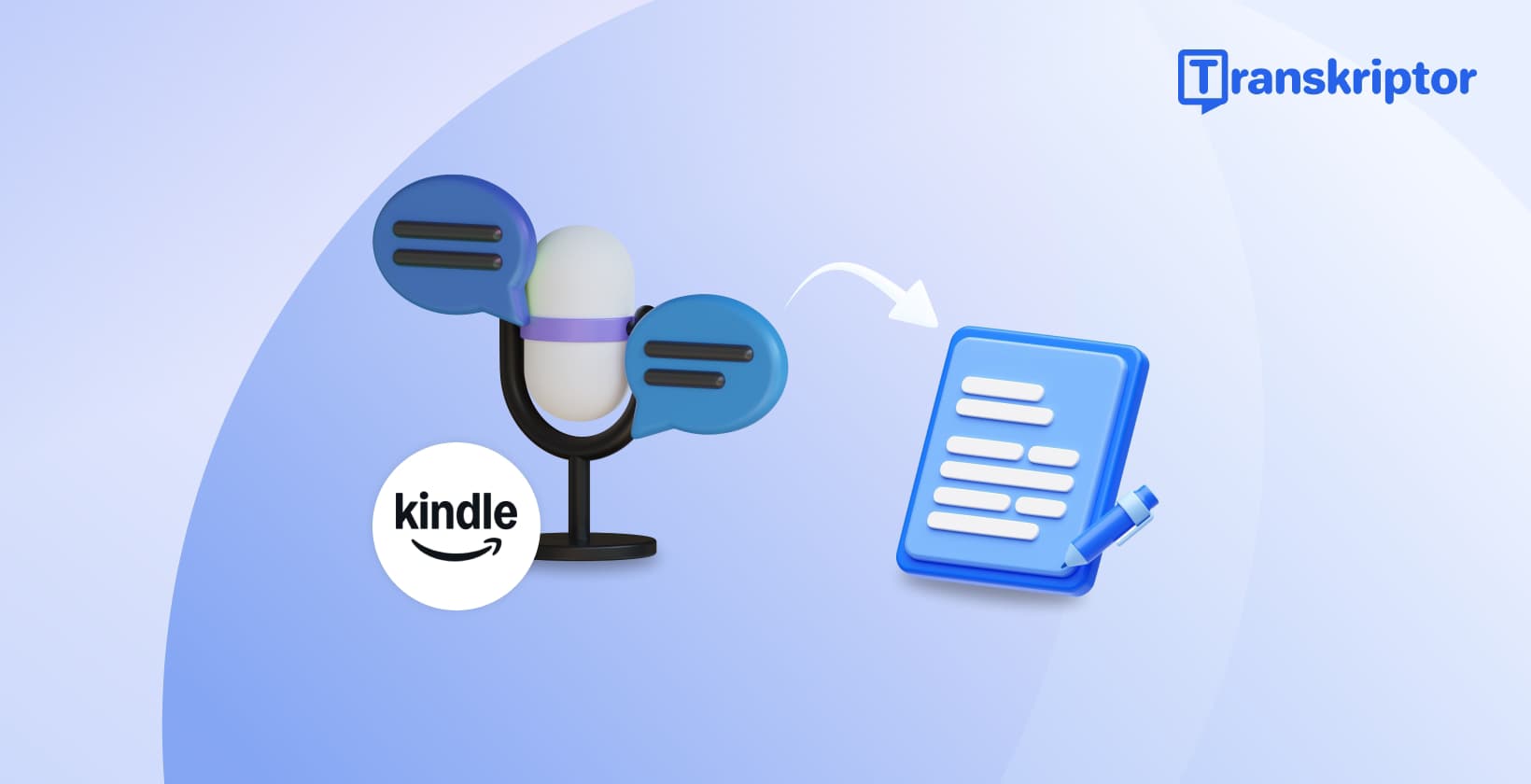 ไอคอนไมโครโฟนกับบอลลูนคำพูดที่กำลังแปลงเป็นไอคอนเอกสาร พร้อมโลโก้ Kindle บนพื้นหลังสีฟ้าอ่อน