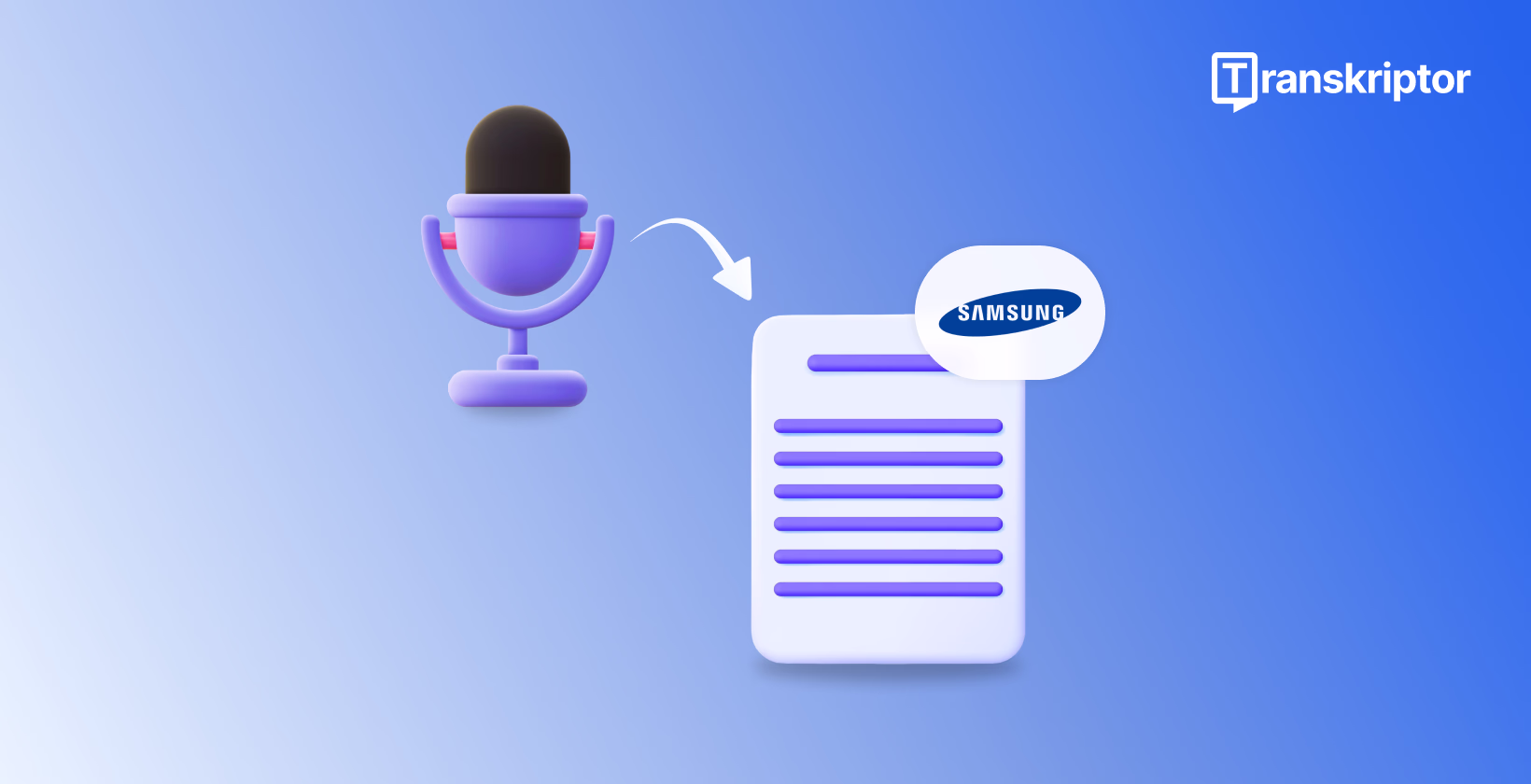 ไอคอนไมโครโฟนสีม่วงพร้อมลูกศรชี้ไปที่เอกสารแบรนด์ซัมซุงที่แสดงกระบวนการการแปลงเสียงเป็นข้อความ