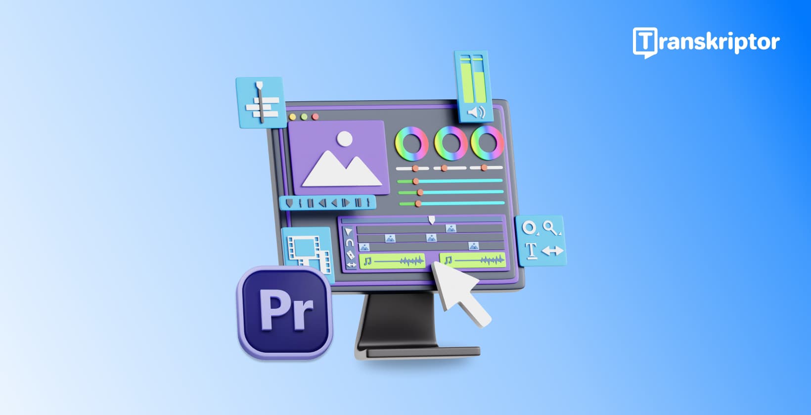 Інтерфейс Adobe Premiere Pro, що показує інструменти накладання тексту з часовою шкалою та аудіохвилями для транскрипції подкасту.