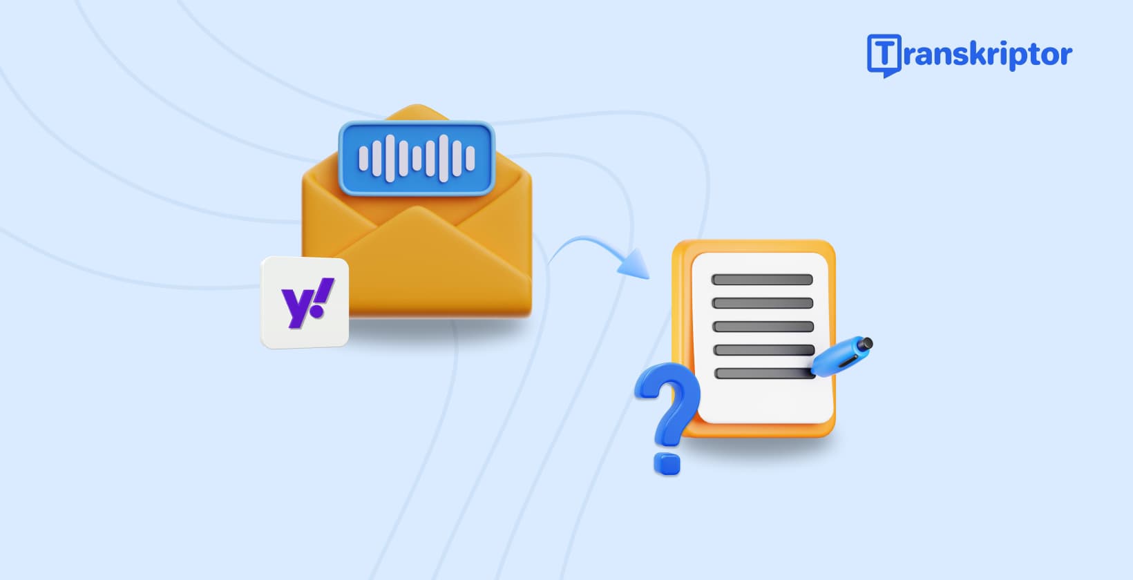 Quy trình chuyển đổi giọng nói thành văn bản hiển thị tích hợp Yahoo Mail với khả năng phiên âm của Transkriptor.